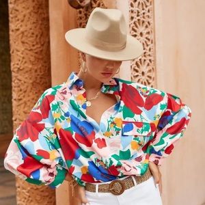 SHEIN Allover Floral Print Bishop Sleeve Shirt- Size L